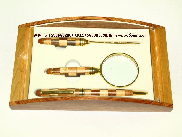 木制禮品盒套裝 開信刀+木筆+放大鏡禮品套裝