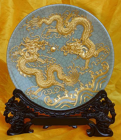 供應(yīng)龍泉瓷哥窯龍鳳盤(pán) 家居商務(wù)禮品 特色手工藝品