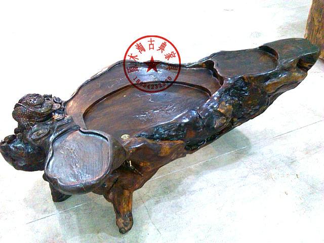 供應(yīng)樟木根雕茶幾，實(shí)木茶臺，原生態(tài)茶幾，浮雕金蟾招財(cái)茶幾