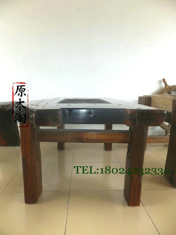 供應(yīng)老船木茶幾 黑玉石茶盤 茶桌 茶臺 功夫茶幾 田園船木家具