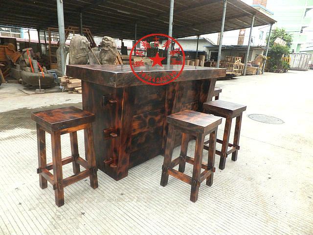 供應(yīng)老船木吧臺(tái)桌椅套件、厚板船木酒吧桌椅、田園風(fēng)格、個(gè)性家具