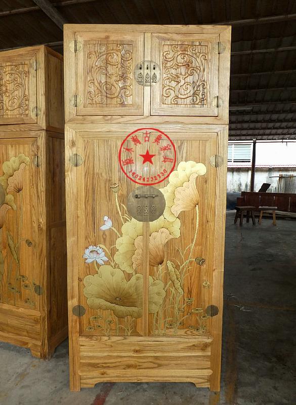 供應(yīng)榆木雕花描繪大衣柜，組合柜，頂箱柜，荷花描繪衣柜