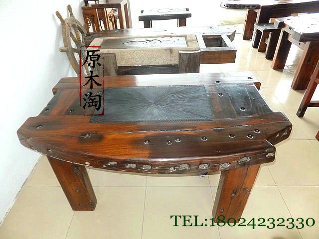 供應(yīng)老船木茶幾 黑玉石茶盤 茶桌 茶臺 功夫茶幾 田園船木家具