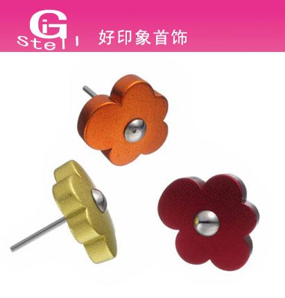 供應(yīng)唯美飾品  彩色花朵鑲嵌鋼珠不銹鋼耳釘