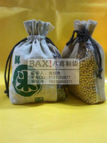 供應(yīng)鄭州創(chuàng)意麻布拼接pvc束口包裝袋定做麻布大米袋定制