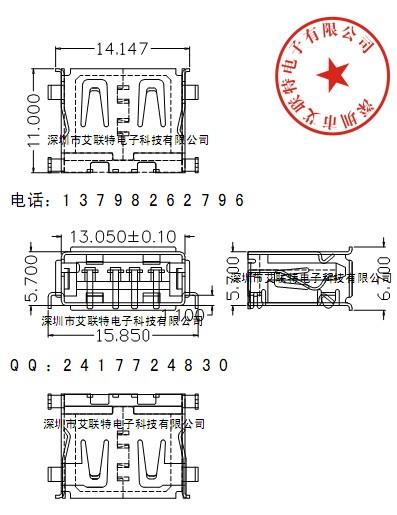 供应短体USB11点0-沉板母座-90度插脚+沉板+插板